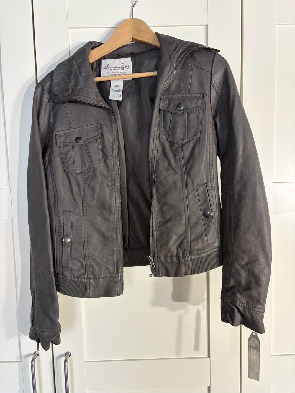 American Rag Dark Gray Faux-Leather Hooded Jacket W
